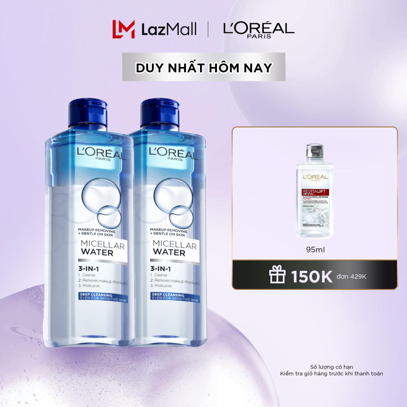 Bộ 2 nước tẩy trang đa năng Micellar Water 3-in-1 làm sạch sâu L'Oreal Paris 400mlx2 (xanh dương đậm) - virtual