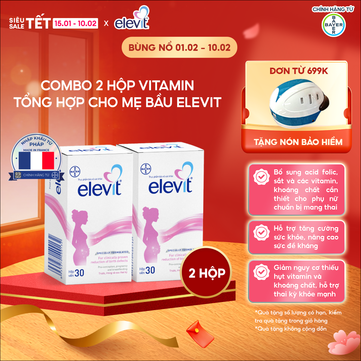 Bộ 2 Hộp Vitamin Bầu Tổng Hợp Elevit Cho Phụ Nữ Trước Trong và Sau Thai Kỳ (30 Viên/ Hộp)
