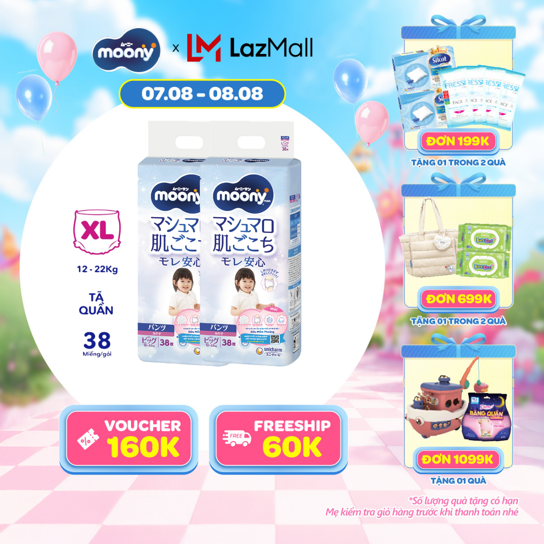 [20g 7-10.8 QUÀ TẶNG SLCH] Combo 2 tã quần cao cấp Moony Bé Gái XL38 miếng - Nhập khẩu từ Nhật Bản