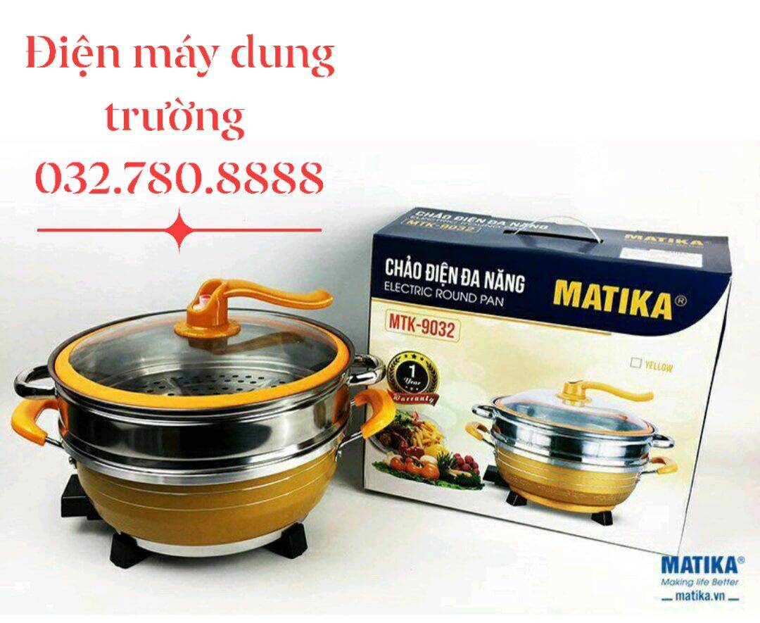 Chảo điện đa năng matika. mtk-9032 có giá hấp màu giao ngẫu nhiên đen và vàng