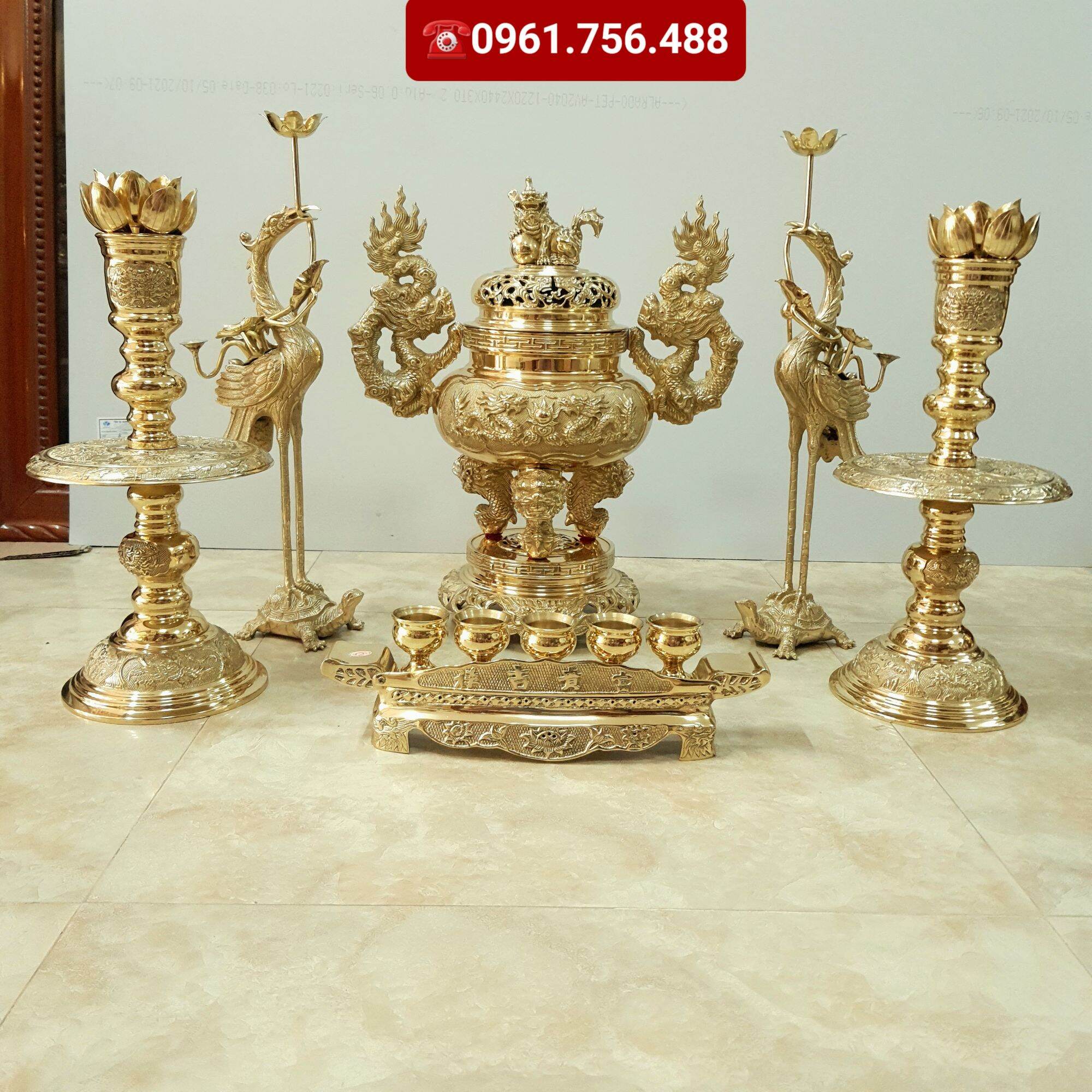 Bộ lư hương/ đỉnh thờ đồng vàng 50cm- 6 món
