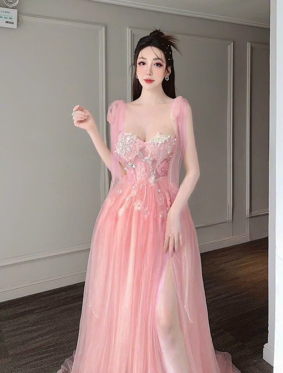 ĐẦM MAXI NƠ VAI ĐÍNH HOA 3D kèm ảnh thật