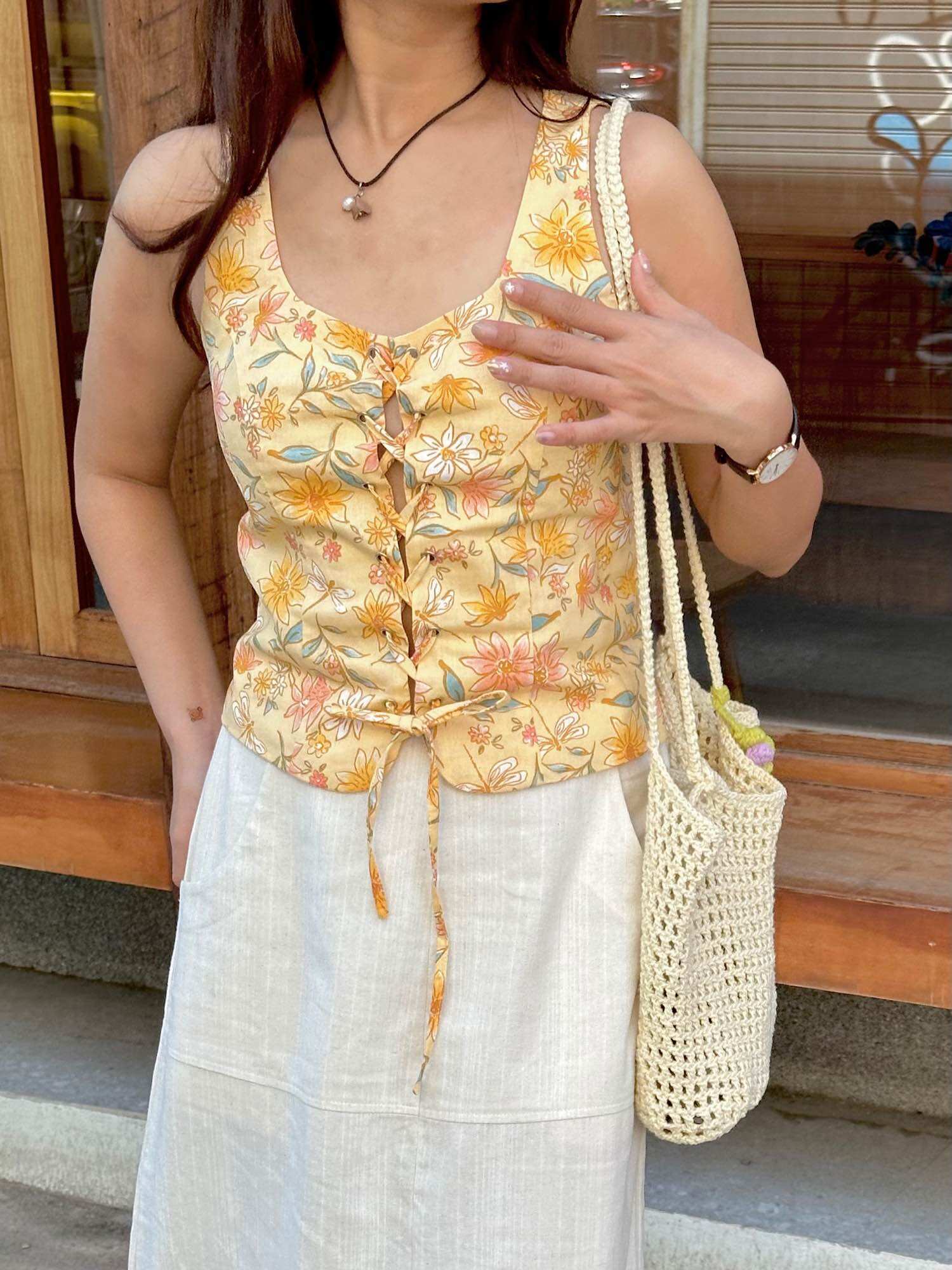 Amegon áo linen kiểu xỏ dây in hoa kiri top