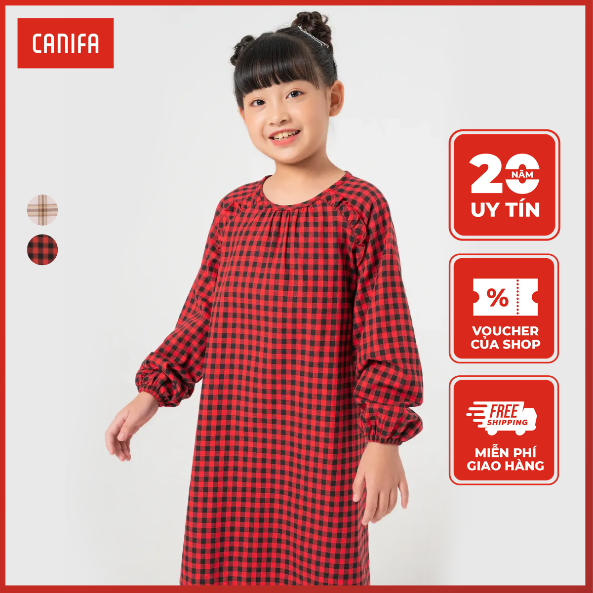 Váy liền bé gái hoạ tiết kẻ canifa váy liền chất liệu 100% cotton, tay dài dáng suông 1ds22w018
