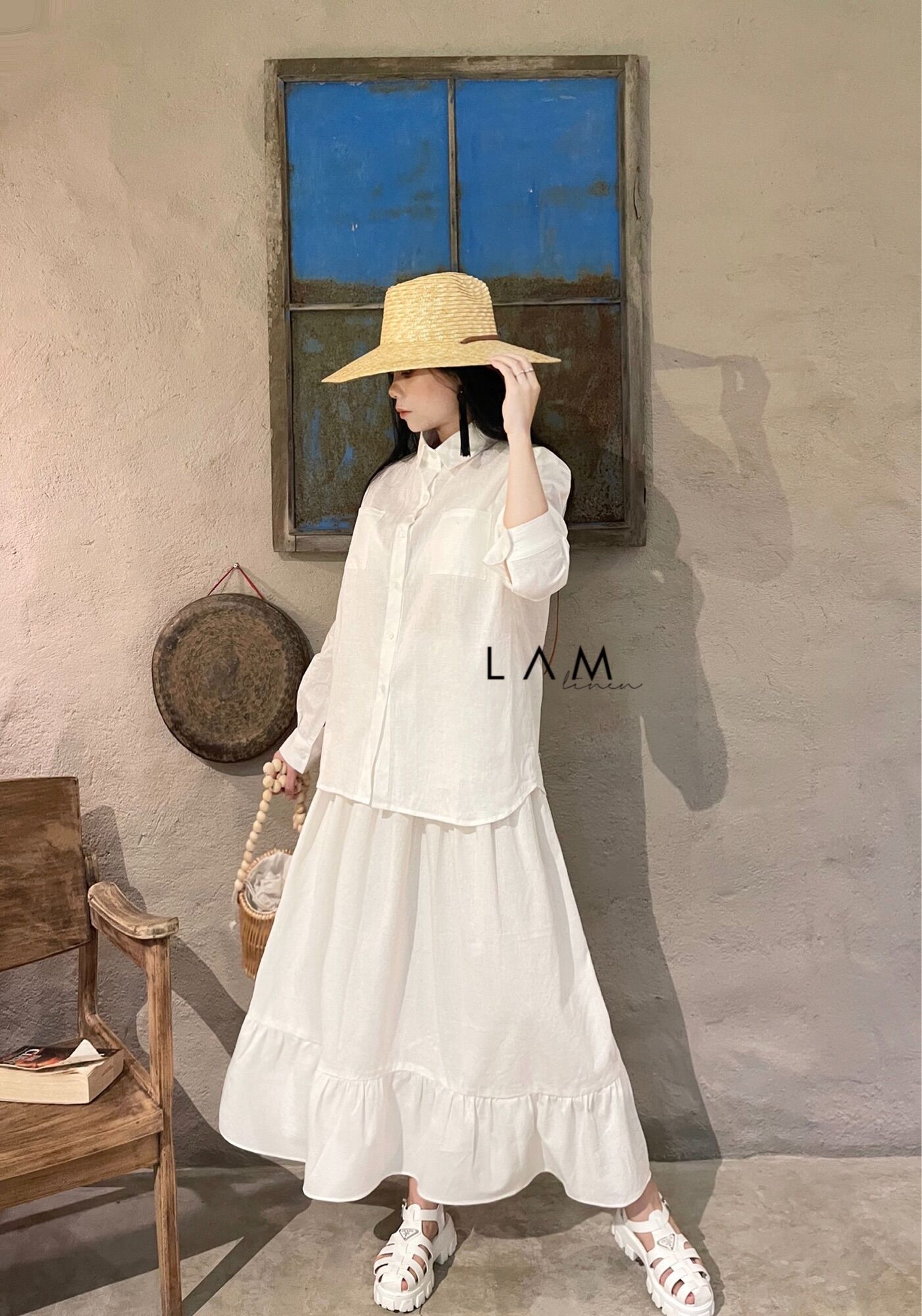 Set gồm Áo sơ mi và chân váy maxi vải Linen