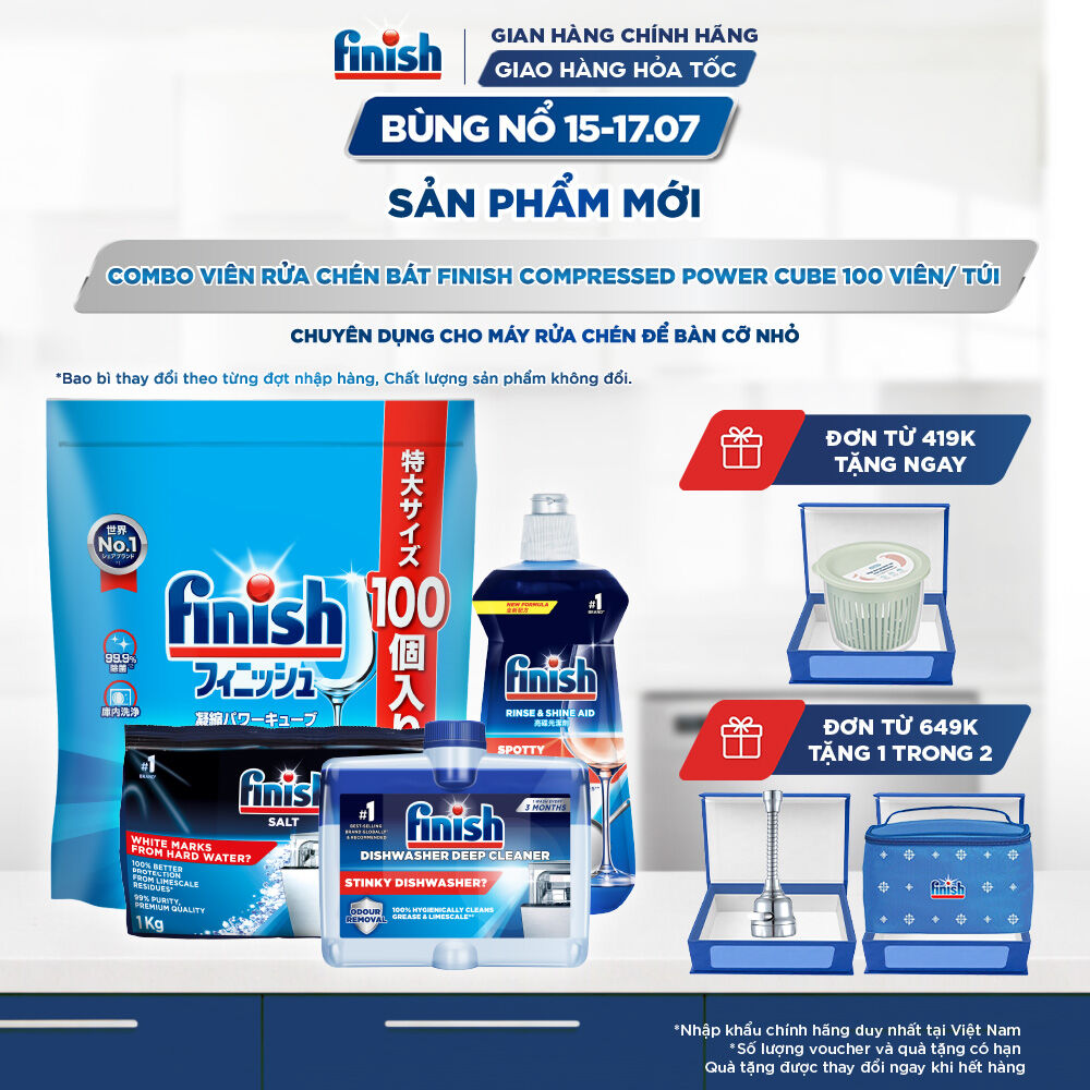 Combo Finish: Viên Rửa Chén Finish Nhật Bản Power Cube 100 Viên + Nước bóng + Dung dịch vệ sinh máy + Muối 1kg