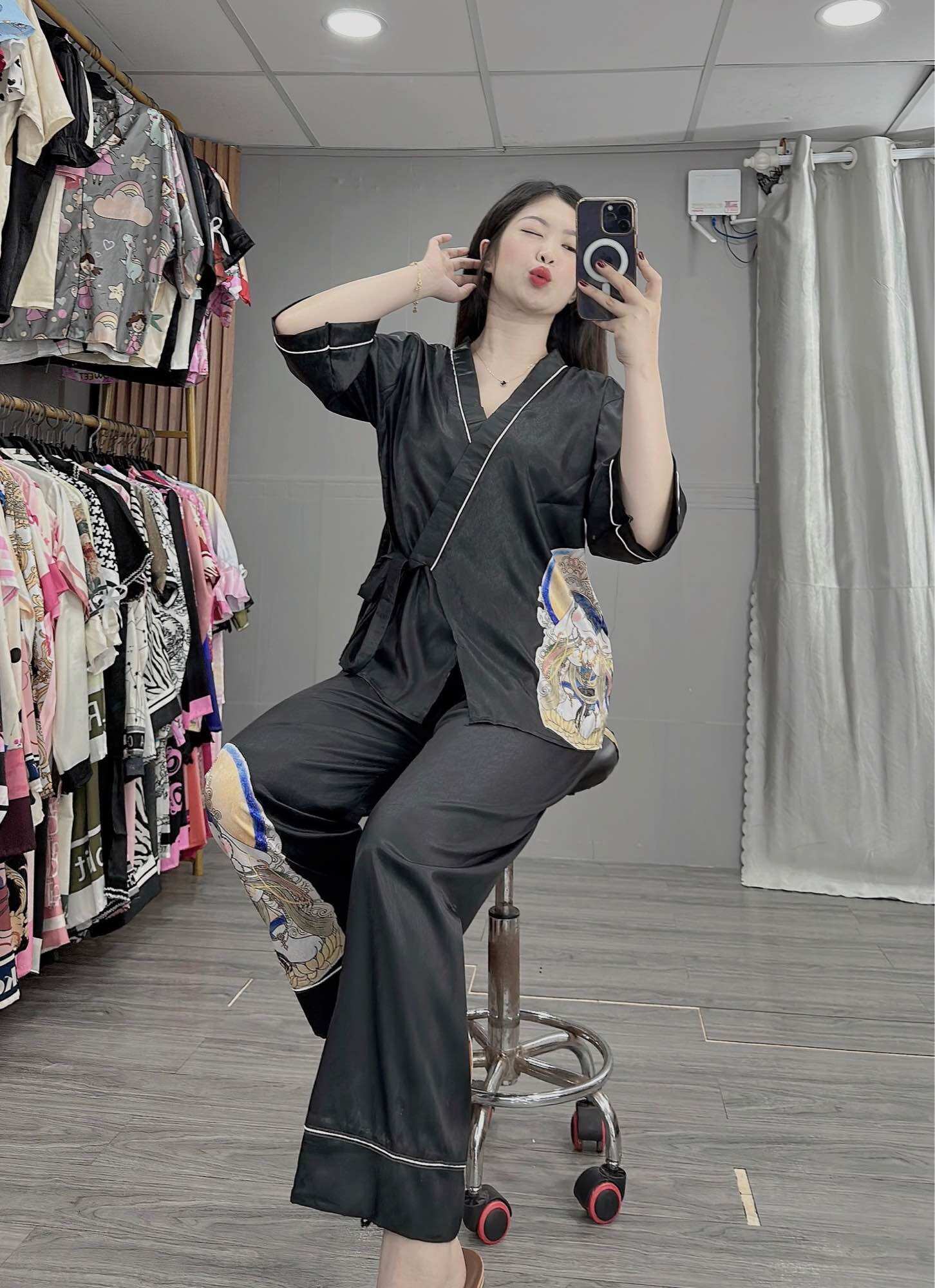 đồ bộ nữ pijama lụa xước kiểu dáng kimono dễ thương