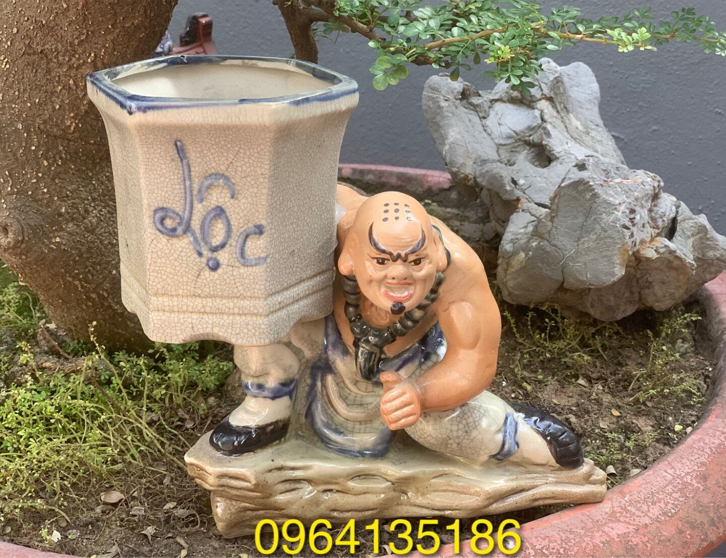 Chậu Tượng la hán bê vò lục giác trồng cây bon sai men rạn gốm sứ Bát Tràng