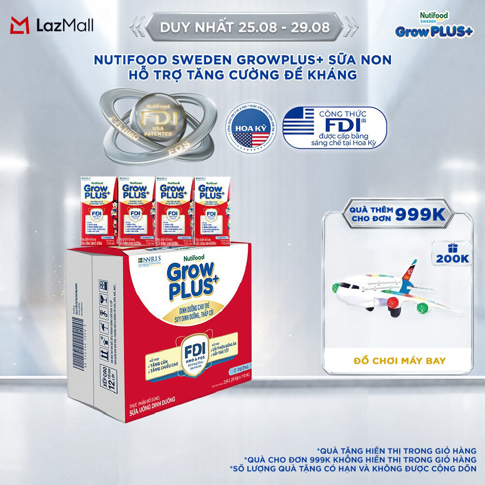 Thùng 24 hộp Sữa Nước Pha Sẵn Nutifood GrowPLUS+ Suy Dinh Dưỡng (Đỏ) - Hỗ Trợ Tăng Cân, Tăng Chiều Cao Ít đường 110ml - Trên 1 tuổi (Bao bì tùy đợt nhập hàng)