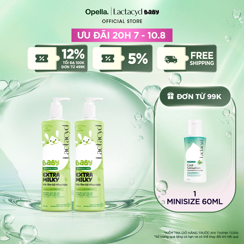 Bộ 2 chai Sữa Tắm Gội Trẻ Em Lactacyd Baby Extra Milky Làm Sạch Dịu Nhẹ và Dưỡng Ẩm Vượt Trội 500ml/chai