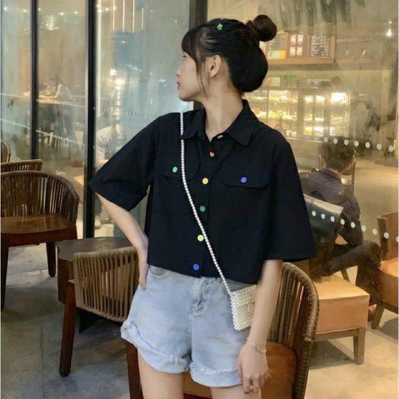 (Video thật) Áo Sơ Mi Croptop Cổ Bẻ Nút Màu Có Túi