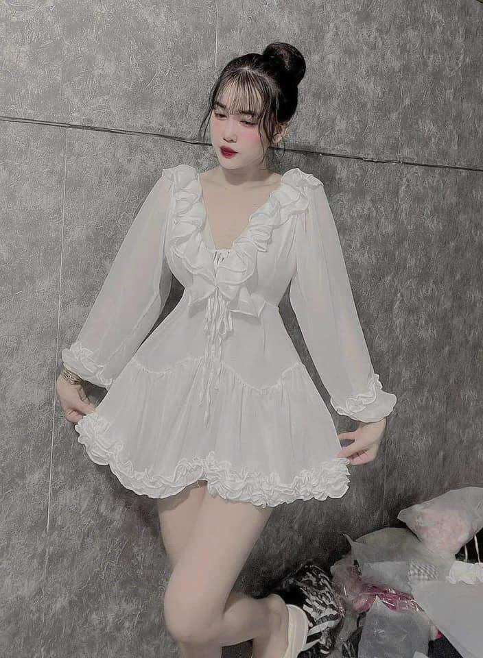 Đầm tay dài đan dây viền bèo voan ảnh thật 100%