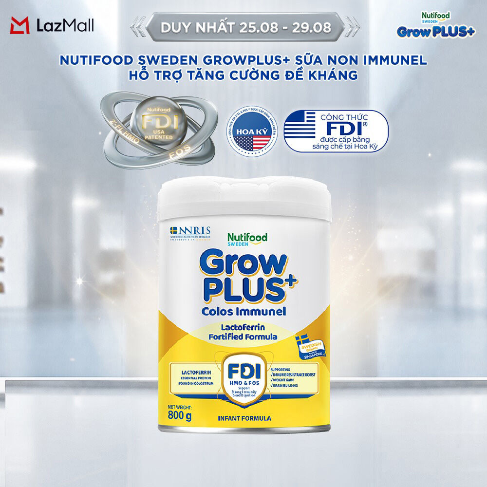 Sữa Bột Nutifood Sweden GrowPLUS+ Sữa Non Immunel từ 0 - 12 tháng lon 800 g (Bao bì tuỳ lô hàng)
