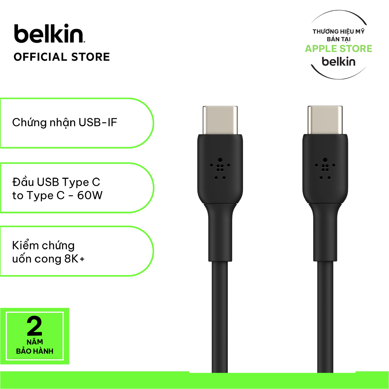 Cáp sạc nhanh usb type c to usb type c boost↑charge™ belkin 1m & 2m vỏ nhựa 60w cab003