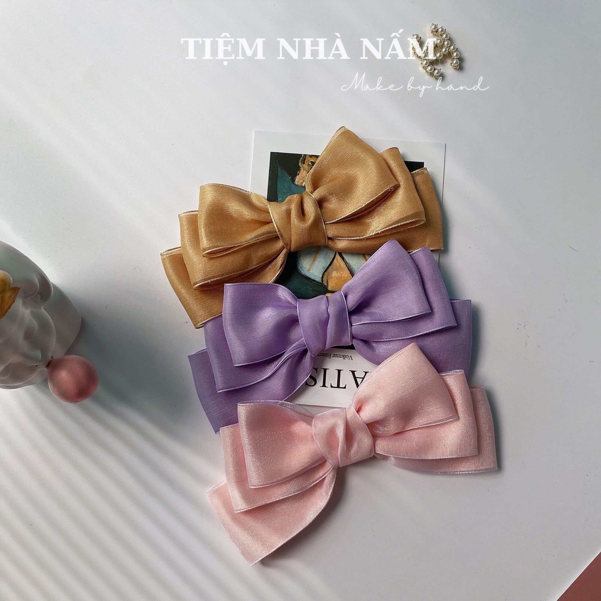 🎀 KẸP TÓC NƠ TO SATIN PHỐI VOAN HÀN QUỐC - [ Nhà Nấm handmade]