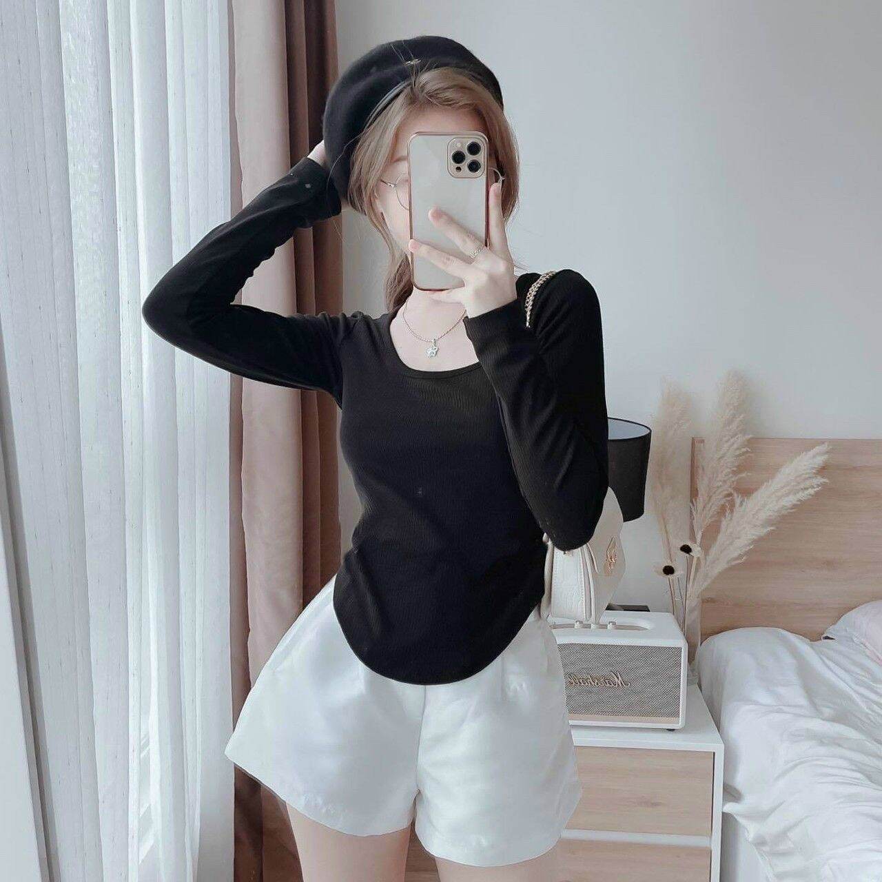 Áo thun gân tay dài croptop vạt bầu áo thun dáng ôm form 47kg
