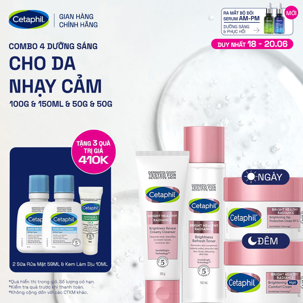 Trọn bộ 4 sản phẩm dưỡng sáng Cetaphil Bright Healthy Radiance Sữa rửa mặt 100g + Nước cân bằng 150ml + Kem dưỡng ẩm ngày 50g và Kem dưỡng ẩm đêm 50g