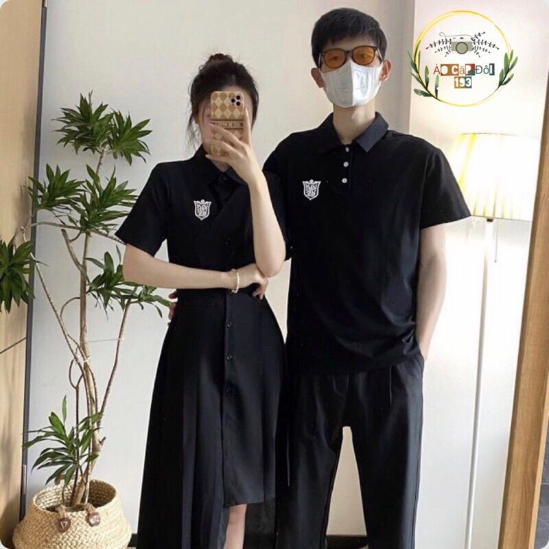 Set đồ đôi váy nữ vạt xéo + áo thun nam polo