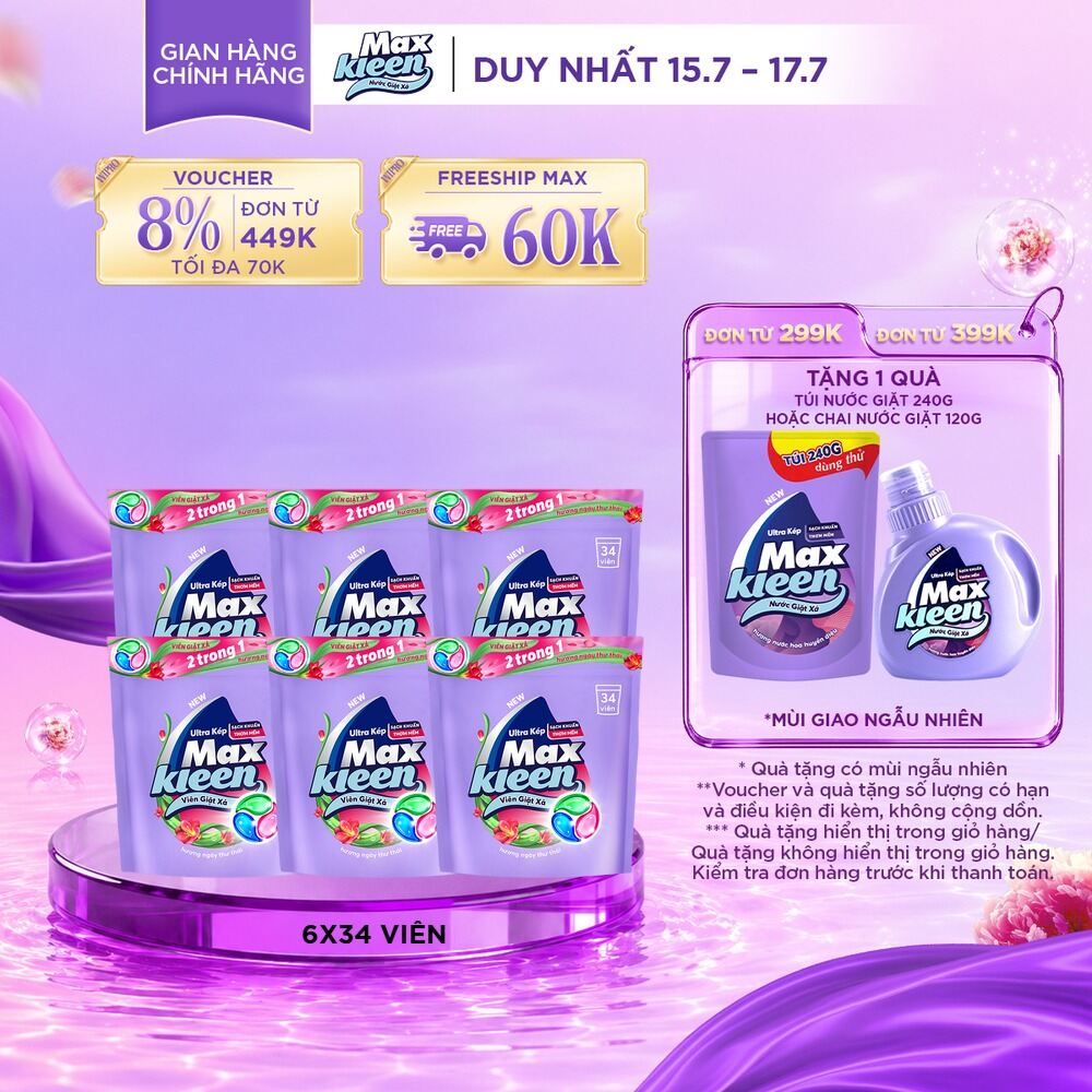 Combo 6 Túi viên giặt xả MaxKleen hương Nước Hoa Huyền Diệu (34 viên/ túi)