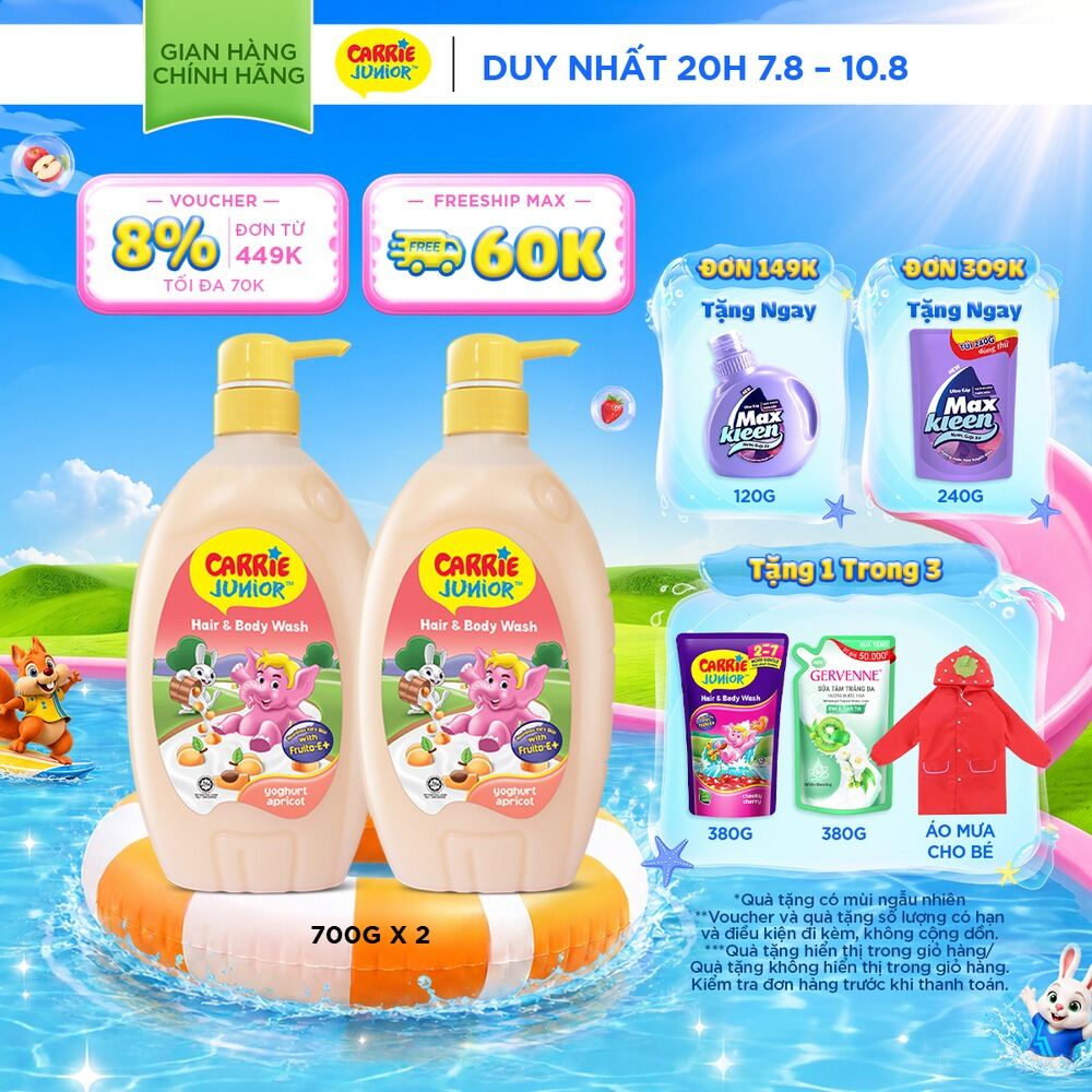 Combo 2 chai Sữa Tắm Gội cho bé Carrie Junior chiết xuất trái cây thiên nhiên Yoghurt Hương Mơ Tây 700g/chai