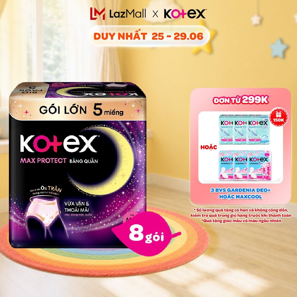 Thùng 8 gói BVS Kotex Ban Đêm Dạng Quần cỡ M/L 5 miếng