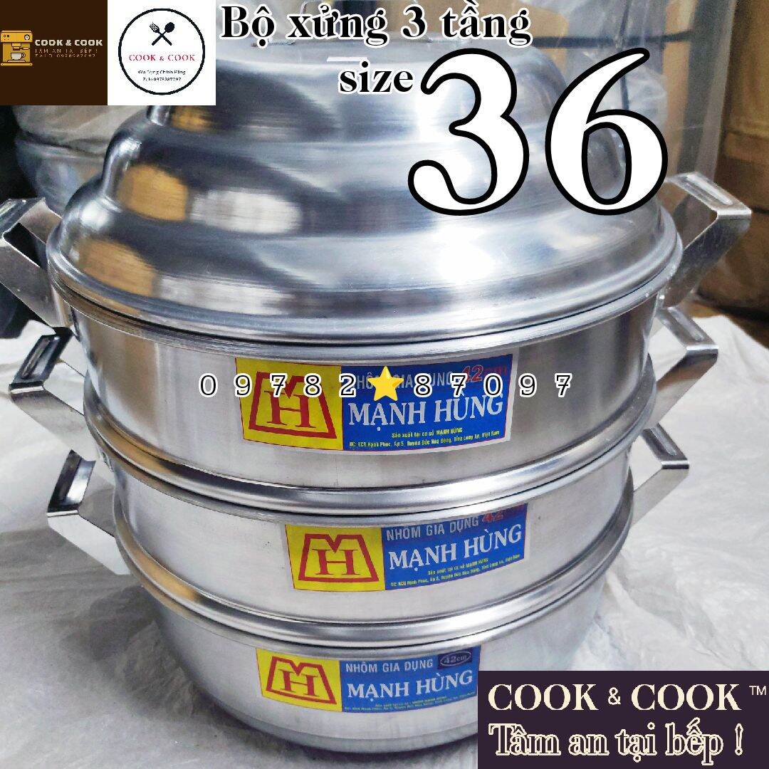 Bộ xửng hấp bánh bao, hấp xôi size 36 cm nhôm Mạnh Hùng 2, 3 tầng hấp xôi, hấp bánh bao, hấp hải sản...