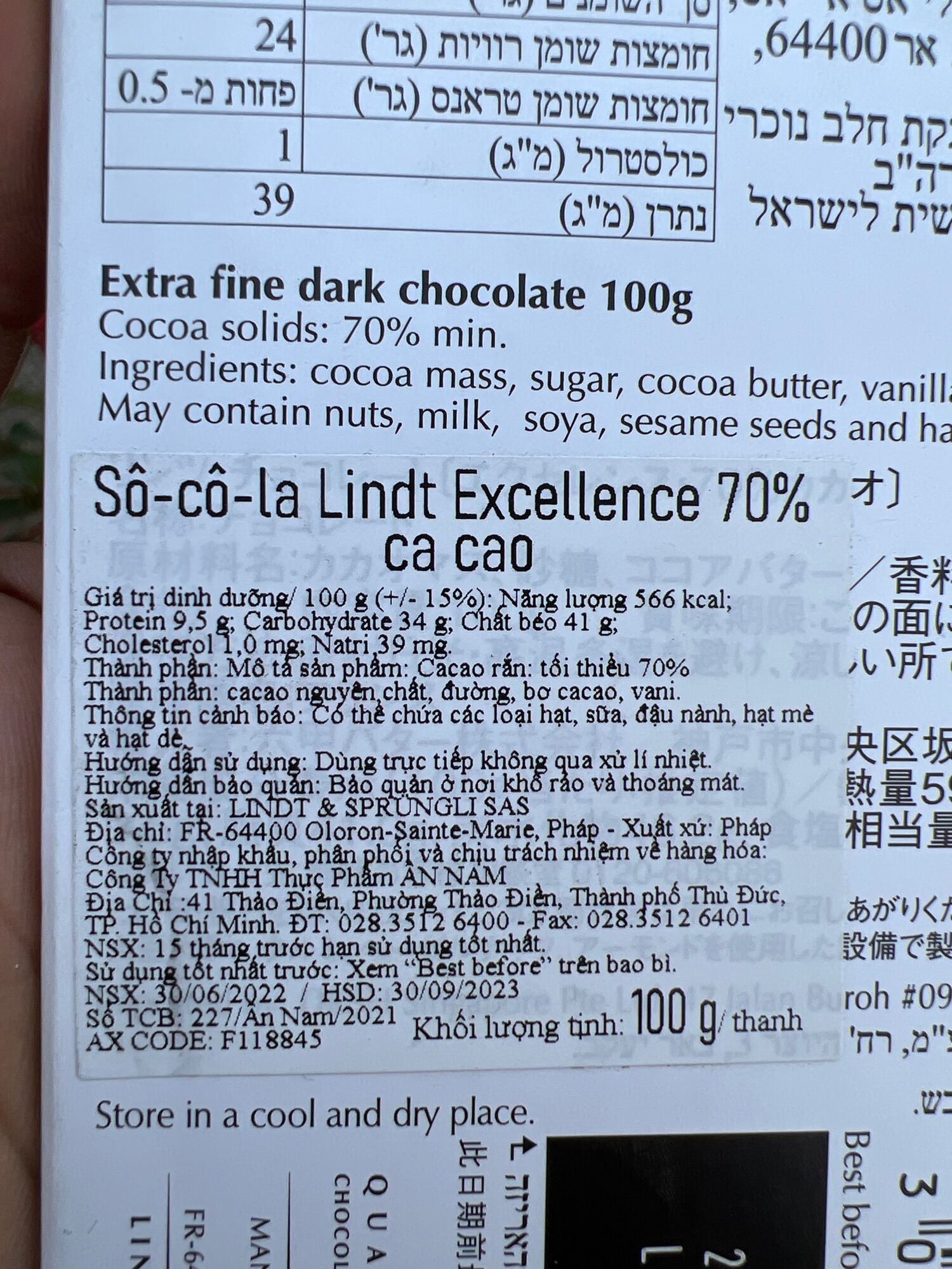 socola Lindt Excellence 70%  thanh 100gr