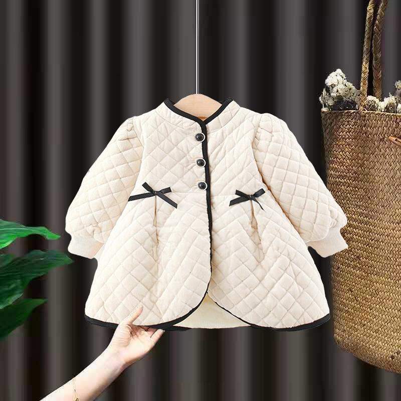 Trang phục thu đông bé gái áo khoác dày dặn lót lông váy trang phục năm mới cho trẻ sơ sinh kiểu tây trang phục phong cách chanel cho bé 1 tuần tuổi