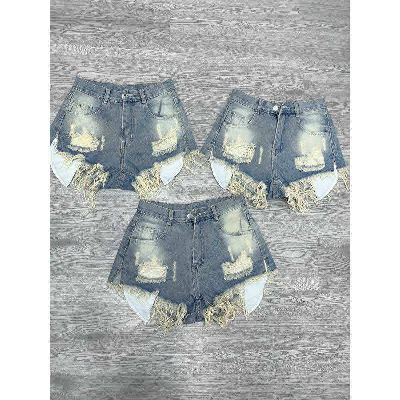 Quần short kaki / jean lưng cao cạp cột dây quần đùi jean gấp lai