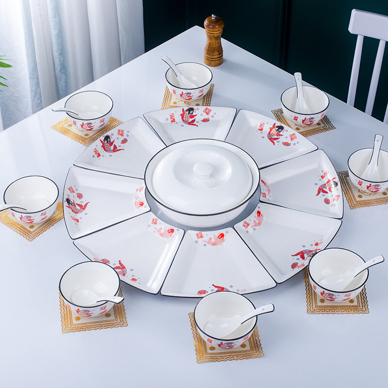 Bộ đồ ăn cơm đoàn tụ huaiheng, đĩa ghép tròn, bộ đồ ăn sáng tạo, đĩa bàn tròn gốm sứ, đĩa ăn tết, đĩa rau gia dụng, bát đĩa