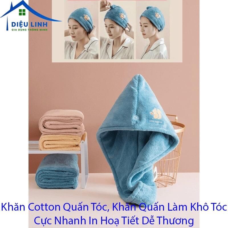 Khăn cotton quấn tóc, khăn quấn làm khô tóc cực nhanh in hoạ tiết dễ thương - loại thường #45k 1 cai