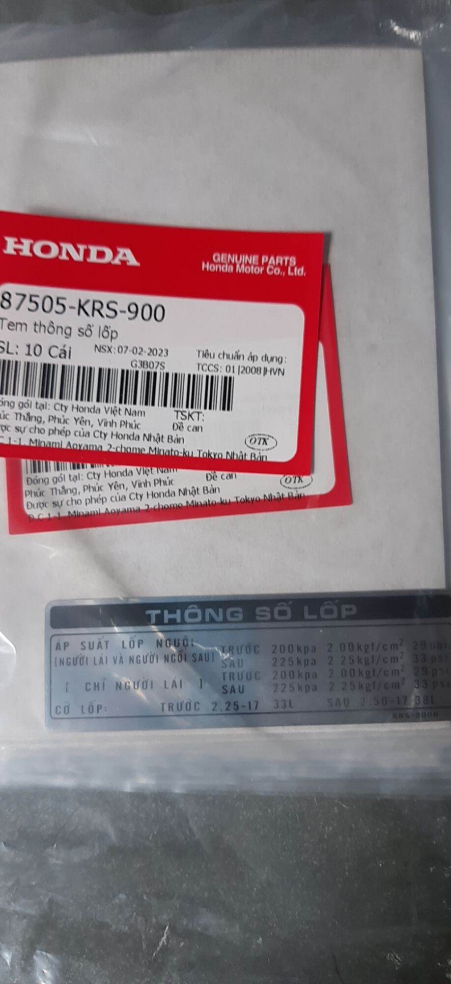 Tem thông số xe hãng Honda