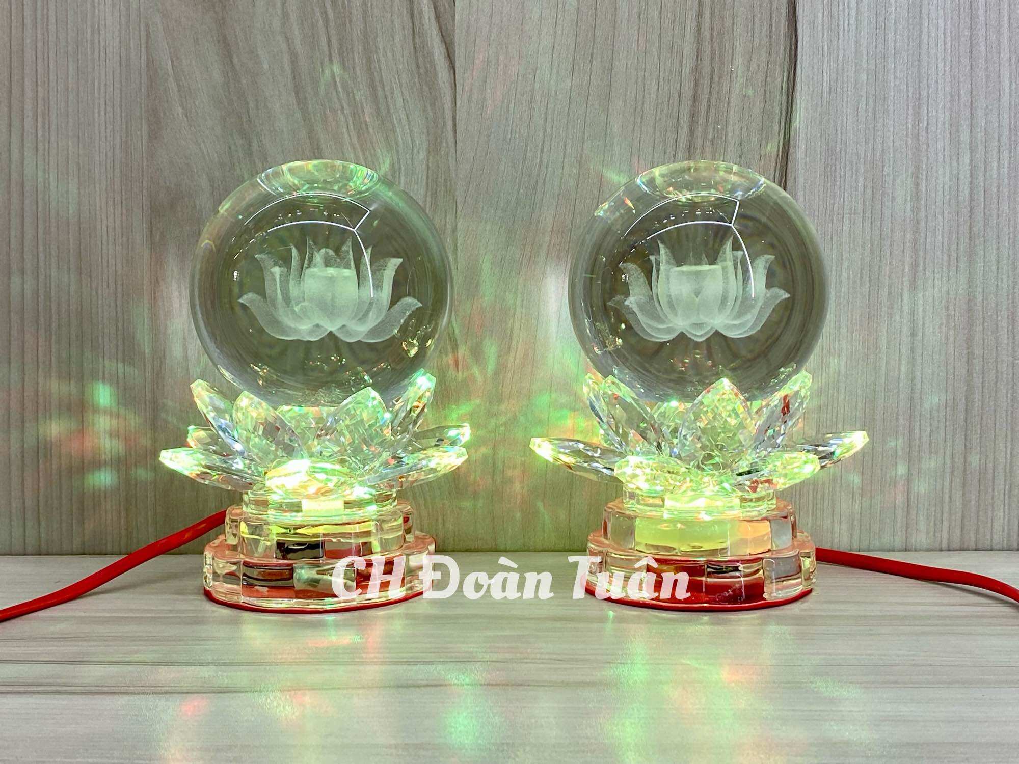 Cặp đèn thờ quả cầu pha lê-đèn cầu sen pha lê đổi màu-4 kích cỡ