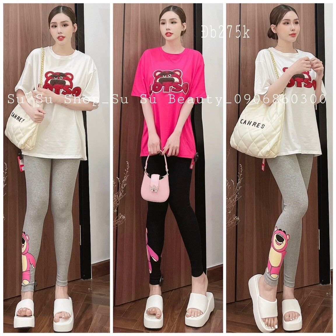 Set áo cotton gấu thêu hồng quần ôm in gấu