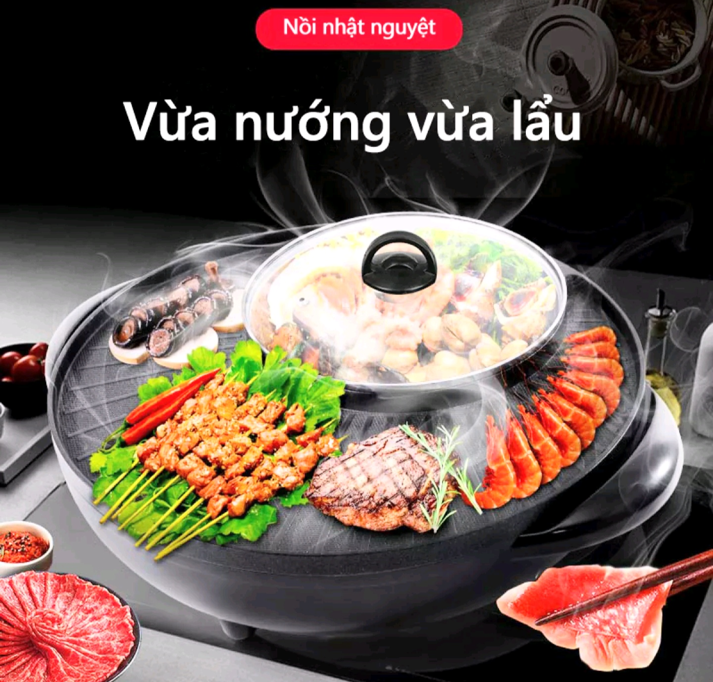 Nồi nấu lẩu nướng điện nấu lẩu đa năng chảo nướng điện thông minh hàng chuẩn