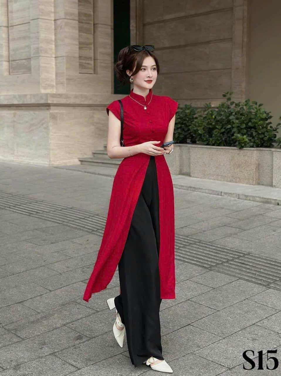 (SHOP BIGSIZE NỮ 50KG ĐẾN 90KG) set áo dài cách tân xẻ tà tứ thân nút bọc
