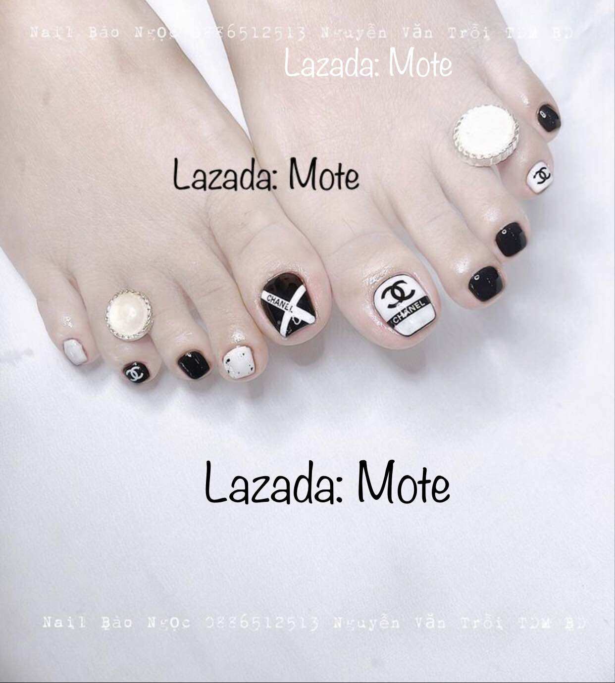 Móng chân úp nails thiết kế trắng đen