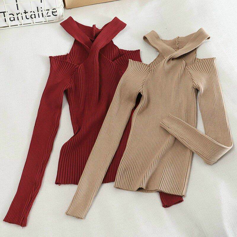 ÁO THUN GÂN DÀI TAY KHOÉT VAI CỔ CHÉO NHIỀU MÀU #ÁO