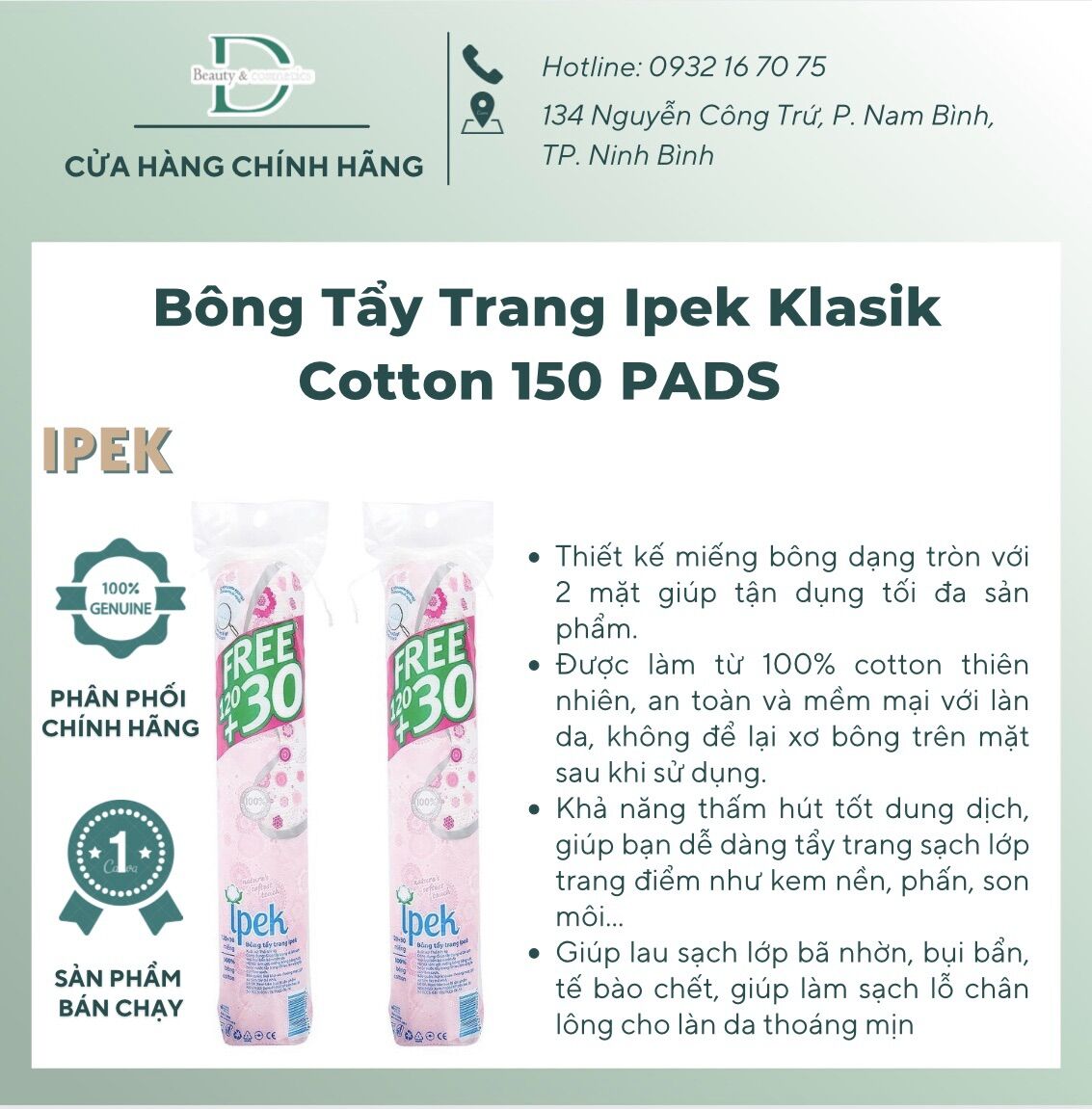 Bông tẩy trang ipek 150 miếng cotton pads