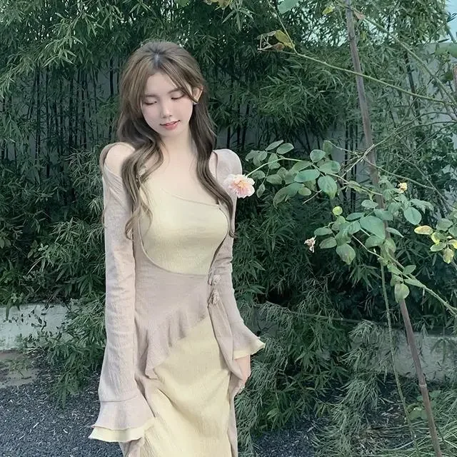 Đầm Dài Trễ Bên Vai Nữ Tính Phong Cách Tiểu Thư