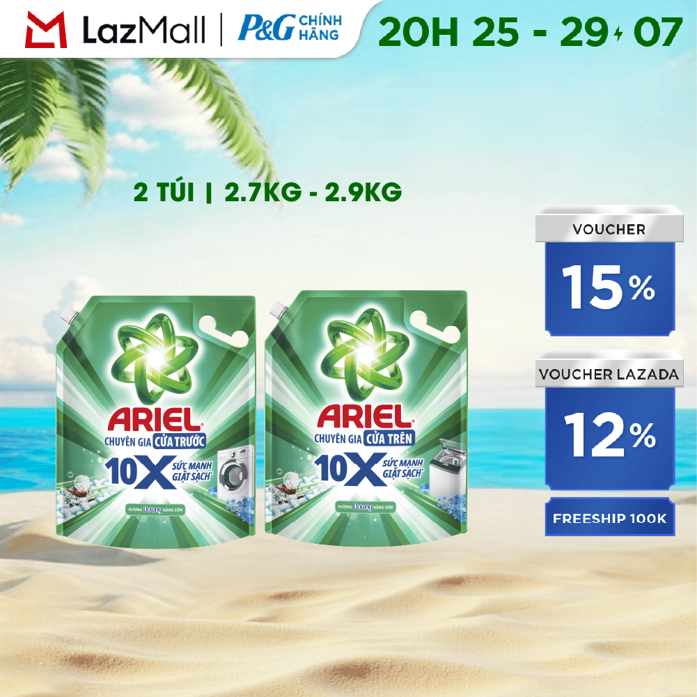 Combo 2 Nước Giặt Gel ARIEL 10X Sức Mạnh Giặt Sạch Chuyên Gia Cửa Trước - Cửa Trên Hương Downy Nắng Sớm Túi 2.7KG/ 2.9KG