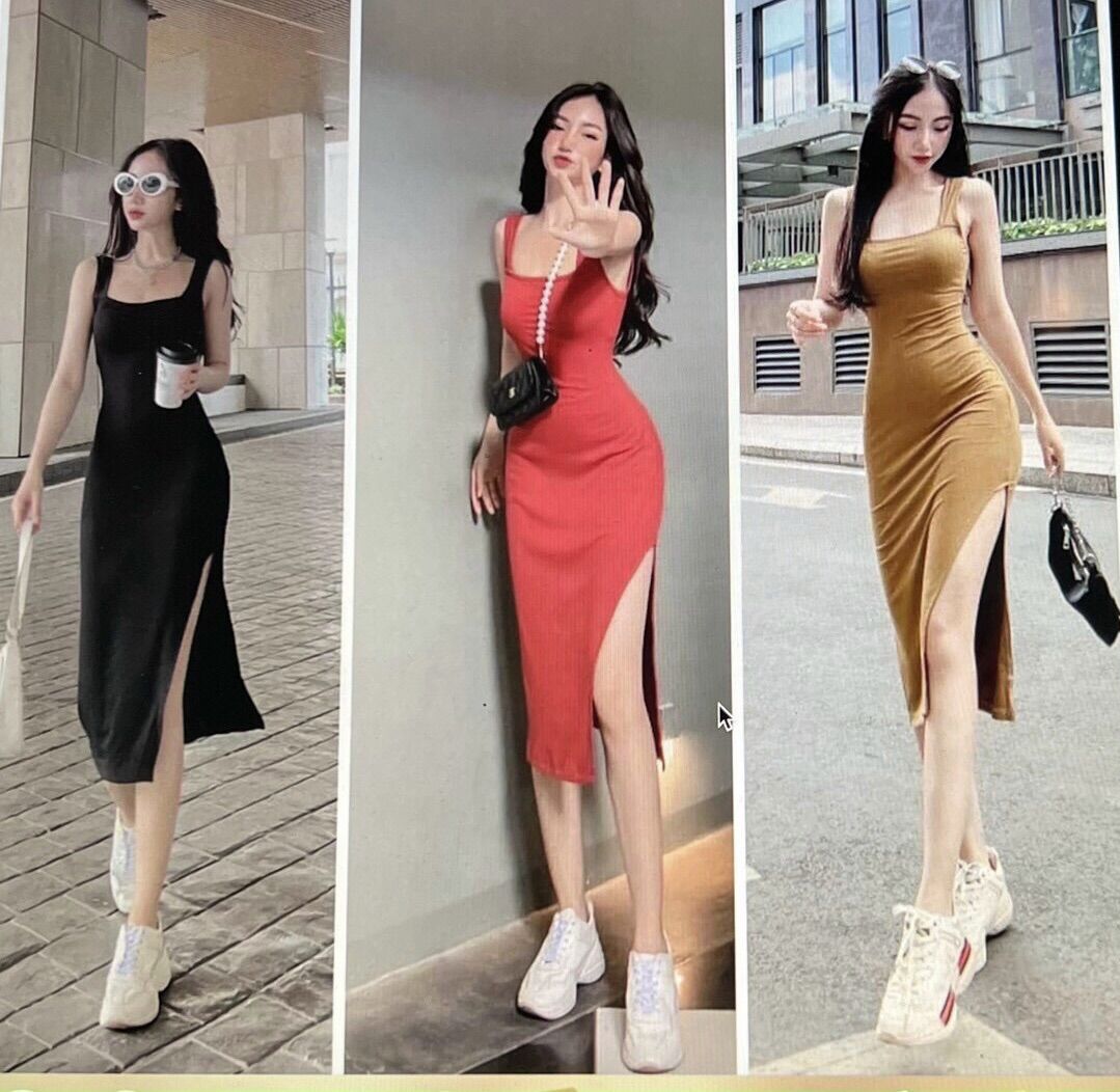 Đầm body hai bản to sẻ tà from dưới 50kg