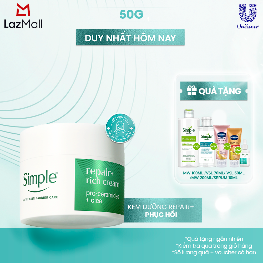 [MỚI] Kem Dưỡng Simple Repair+ 50ml Cải Thiện Hàng Rào Bảo Vệ Da Sau 2 Giờ - phục hồi
