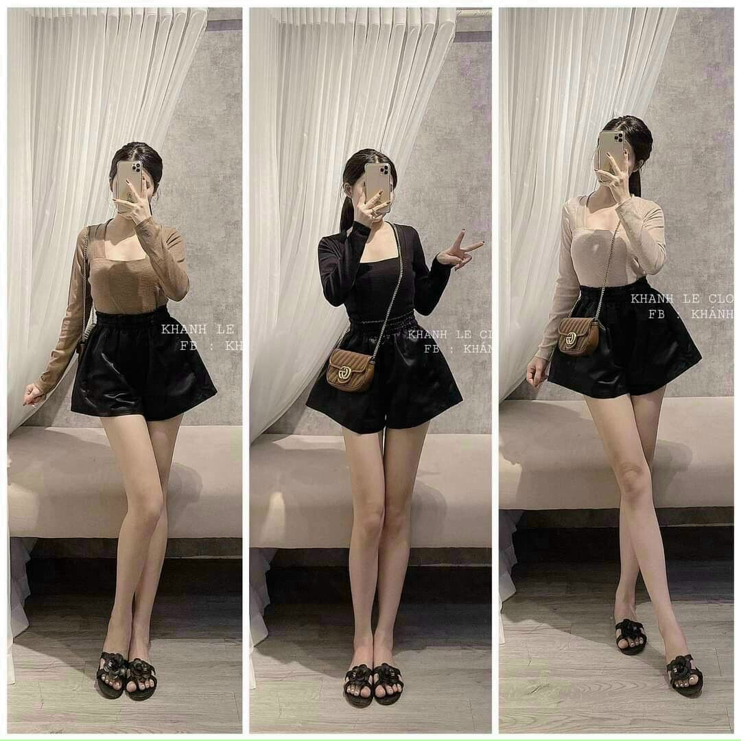 Áo Thun Gân Cổ Vuông Tay Dài