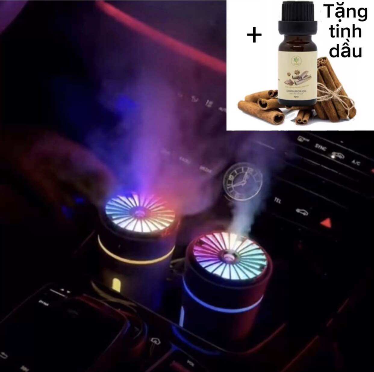Máy phun sương mini xông tinh dầu trụ cốc 300ml phun xông khuếch tán tinh dầu ô tô xe hơi có đèn led 7 màu khử mùi làm thơm ô tô tạo ẩm trang trí ô tô bình phun tinh dầu ô tô