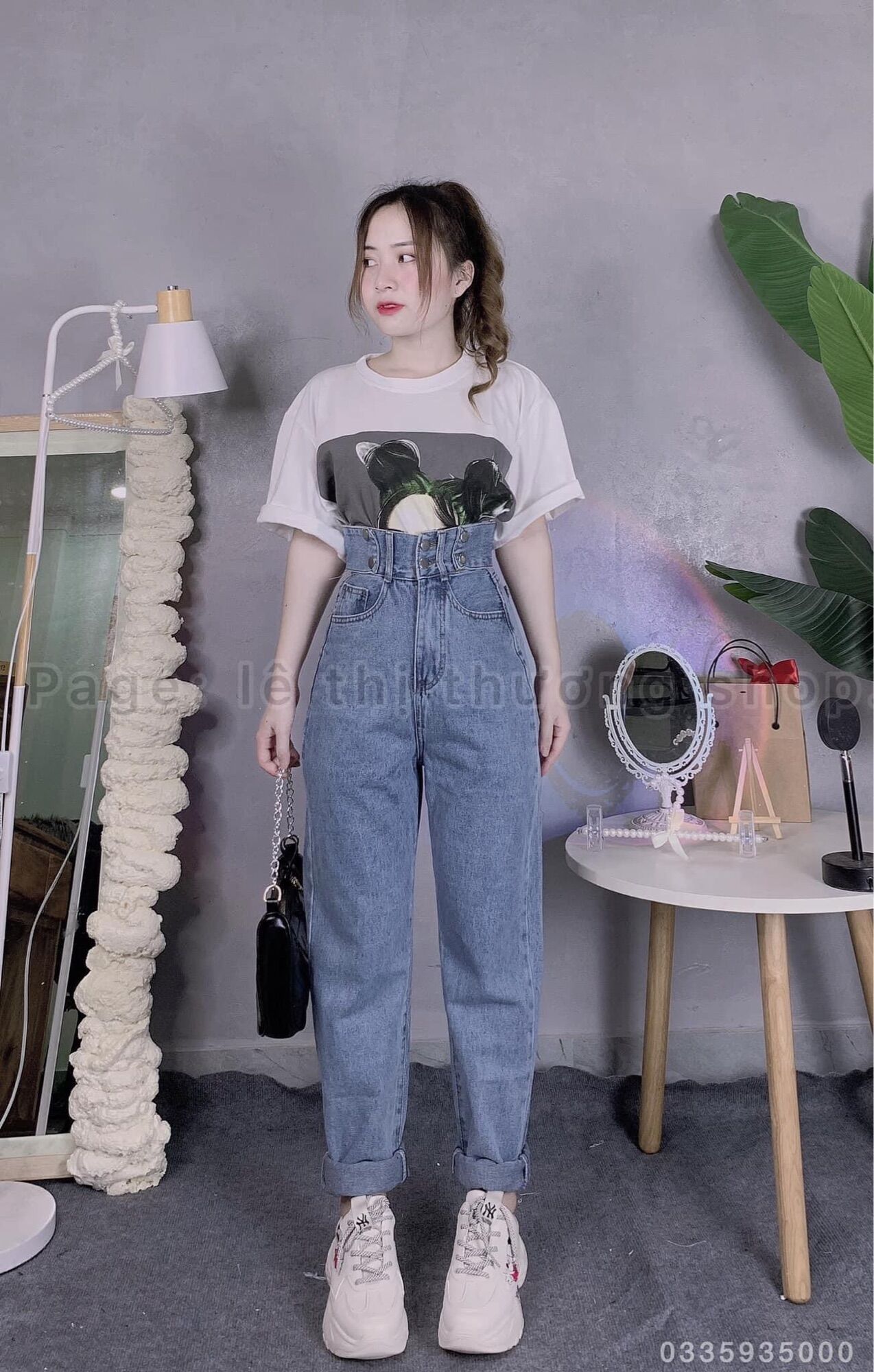 Baggy Jeans Lưng Cao 2 Nút Đai Nút
