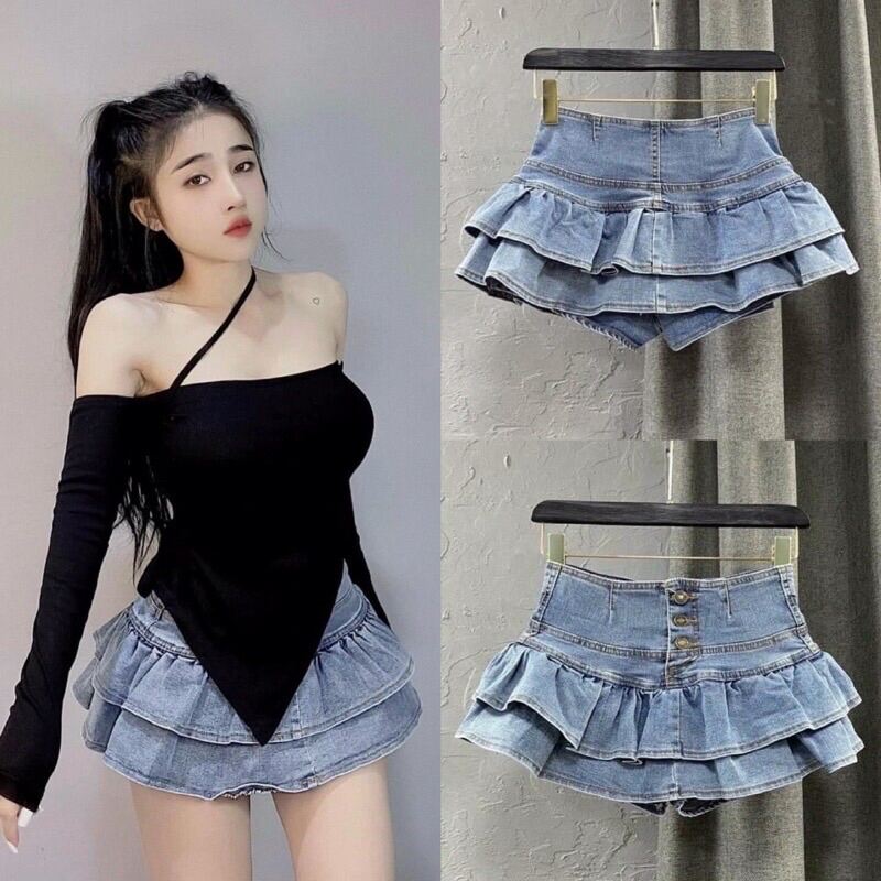 ORDER] Chân váy jean dài đuôi cá xoè nhẹ xẻ tà sau đính nút màu đen - xanh  nhạt | Shopee Việt Nam