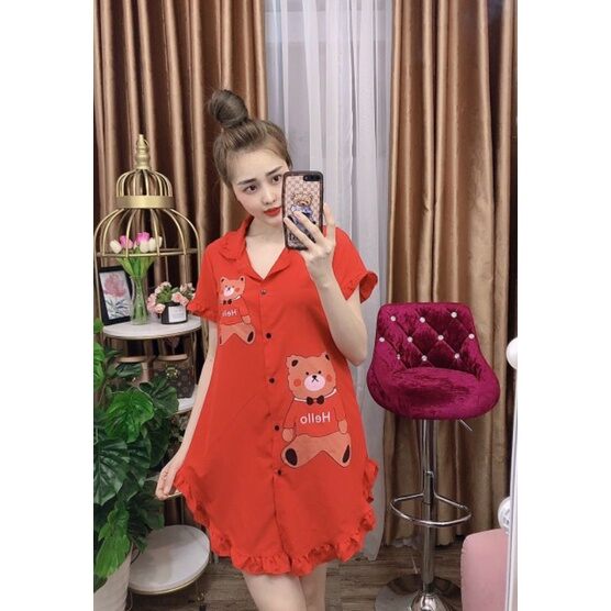 Đầm ngủ sơmi ngắn chất lụa hàn mặc nhà cho nữ - Áo dấu quần dài mặc nhà - M43