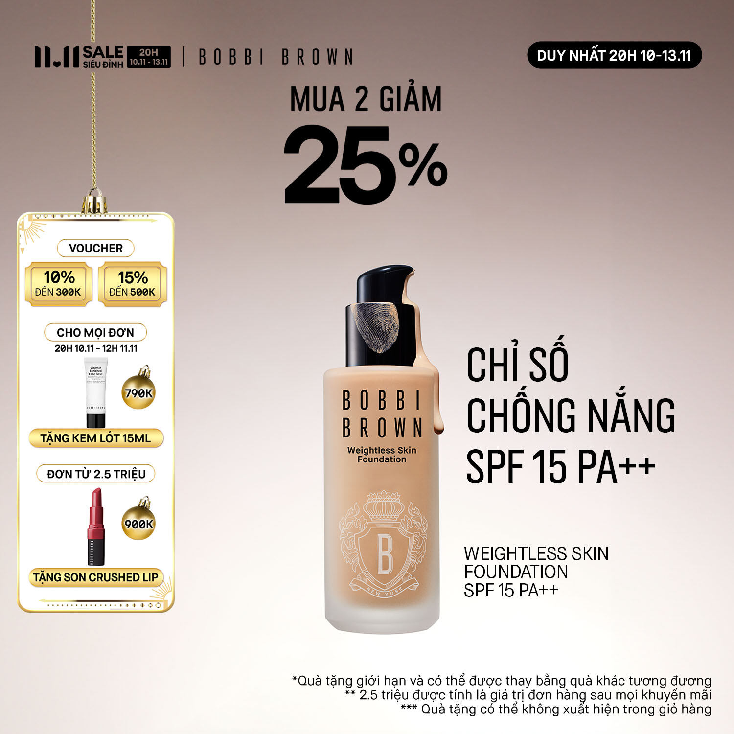 [ĐỘC QUYỀN 20H 10-13.11] Bobbi Brown Weightless Skin Foundation SPF 15 PA++ | Kem nền lâu trôi 24H, 
