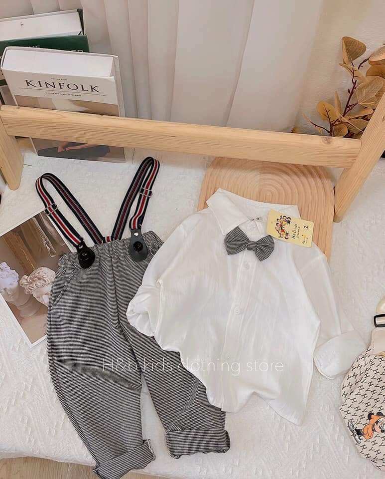Set công tử Quần Yếm kẻ phối áo sơ mi